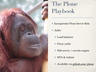 The Plone
Playbook
✤ Incorporates Plone Server Role
✤ Adds:
✤ Load balancer
✤ Proxy cache
✤ Web server / rewrite engine
✤ MTA & Admin
✤ Available via github.com/plone
 
