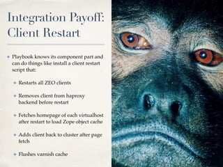 Integration Payoff: 
Client Restart
✤ Playbook knows its component part and
can do things like install a client restart
script that:
✤ Restarts all ZEO clients
✤ Removes client from haproxy
backend before restart
✤ Fetches homepage of each virtualhost
after restart to load Zope object cache
✤ Adds client back to cluster after page
fetch
✤ Flushes varnish cache
 