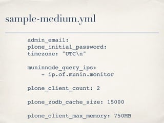 sample-medium.yml
admin_email:
plone_initial_password:
timezone: "UTCn"
muninnode_query_ips:
- ip.of.munin.monitor
plone_client_count: 2
plone_zodb_cache_size: 15000
plone_client_max_memory: 750MB
 