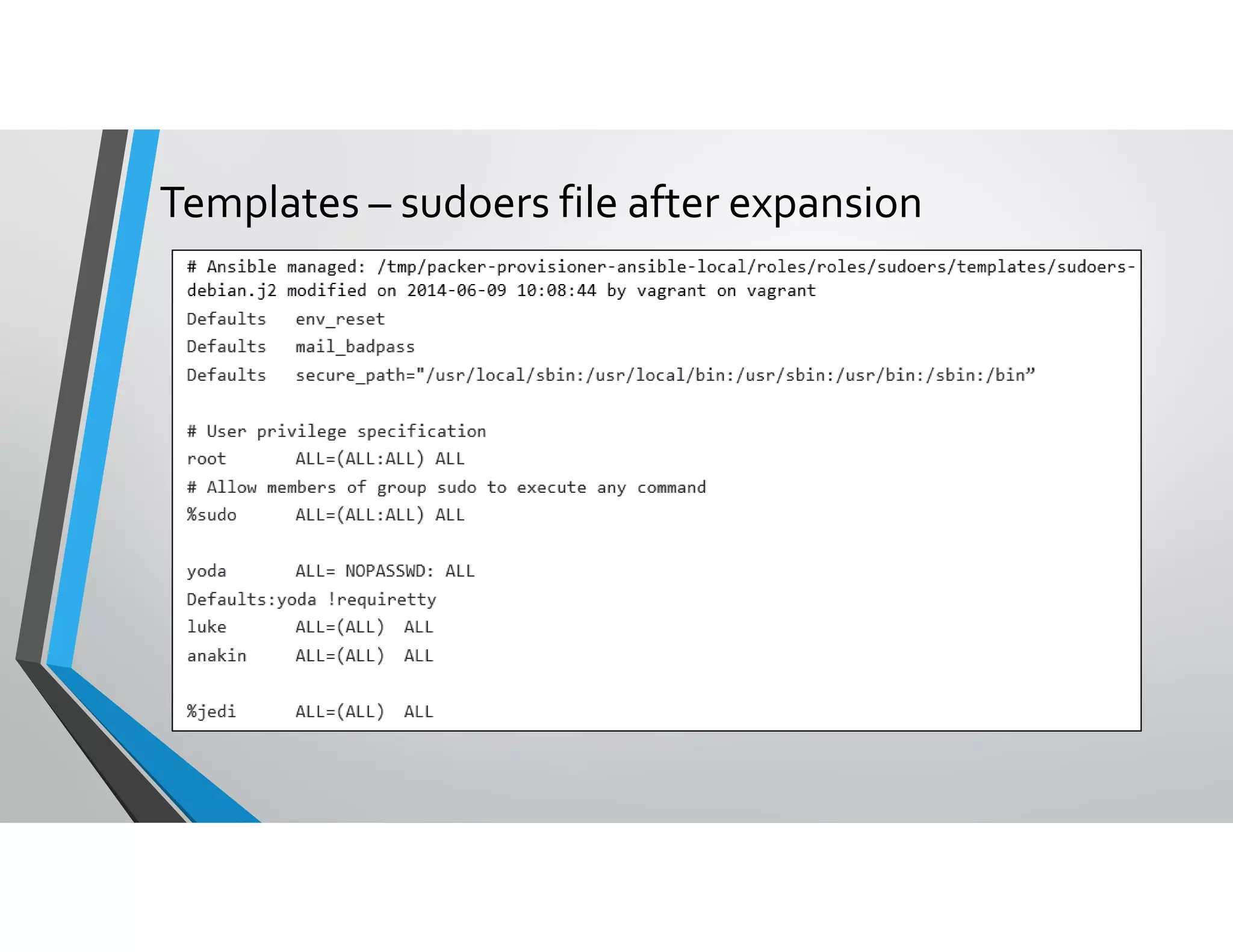Templates – sudoers file after expansion
 
