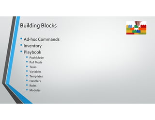 Building Blocks
• Ad-hocCommands
• Inventory
• Playbook
Push Mode
Pull Mode
Tasks
Variables
Templates
Handlers
Roles
Modules
 