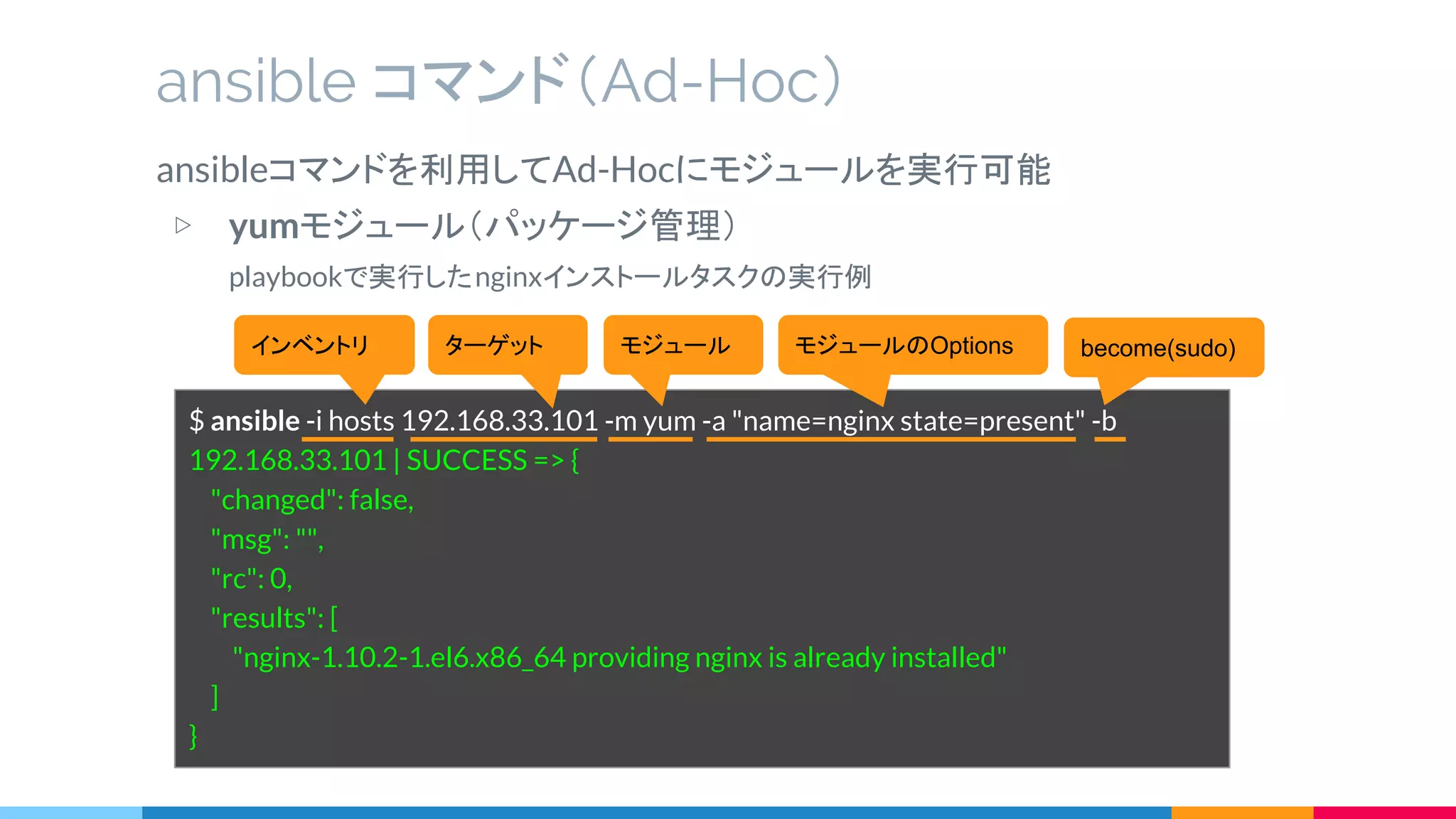ansibleコマンドを利用してAd-Hocにモジュールを実行可能
▷ yumモジュール（パッケージ管理）
playbookで実行したnginxインストールタスクの実行例
ansible コマンド（Ad-Hoc）
$ ansible -i hosts 192.168.33.101 -m yum -a "name=nginx state=present" -b
192.168.33.101 | SUCCESS => {
"changed": false,
"msg": "",
"rc": 0,
"results": [
"nginx-1.10.2-1.el6.x86_64 providing nginx is already installed"
]
}
ターゲットインベントリ モジュール モジュールのOptions become(sudo)
 