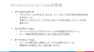 ▷ ブートストラッピング
○ プラットフォームそのもの。または、サーバとしてOSが利用可能な状態
を作るツール。
○ 仮想マシンやコンテナ、クラウドにおいてAPIを利用してリソースの定
義を行う。
▷ コンフィグレーション
○ サーバへミドルウェアのインストールや各種設定を行うツール。
○ サーバ構成管理の自動化に当たる部分を担う領域。
▷ オーケストレーション
○ リソースの集合体に連携したサービスを提供するツール。
○ 構築済みの環境に対して振る舞いを行う。
Infrastructure as Codeの領域
 