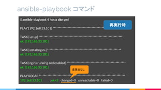 ansible-playbook コマンド
$ ansible-playbook -i hosts site.yml
PLAY [192.168.33.101] *************************************************
TASK [setup] *******************************************************************
ok: [192.168.33.101]
TASK [install nginx] ***********************************************************
ok: [192.168.33.101]
TASK [nginx running and enabled] ***********************************************
ok: [192.168.33.101]
PLAY RECAP *********************************************************************
192.168.33.101 : ok=3 changed=0 unreachable=0 failed=0
再実行時
変更点なし
 