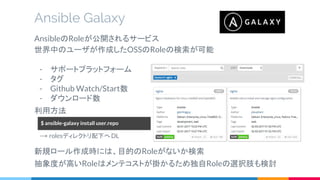Ansible Galaxy
AnsibleのRoleが公開されるサービス
世界中のユーザが作成したOSSのRoleの検索が可能
- サポートプラットフォーム
- タグ
- Github Watch/Start数
- ダウンロード数
利用方法
　→ rolesディレクトリ配下へDL
新規ロール作成時には、目的のRoleがないか検索
抽象度が高いRoleはメンテコストが掛かるため独自Roleの選択肢も検討
$ ansible-galaxy install user.repo
 