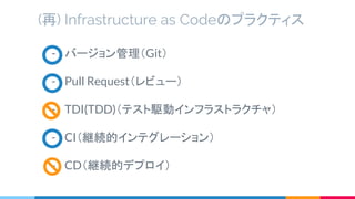 - バージョン管理（Git）
- Pull Request（レビュー）
- TDI(TDD)（テスト駆動インフラストラクチャ）
- CI（継続的インテグレーション）
- CD（継続的デプロイ）
(再) Infrastructure as Codeのプラクティス
 