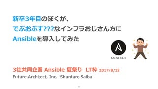 新卒3年目のぼくが、
でぶおぷす???なインフラおじさん方に
Ansibleを導入してみた
0
3社共同企画 Ansible 夏祭り LT枠 2017/8/28
Future Architect, Inc. Shuntaro Saiba
 