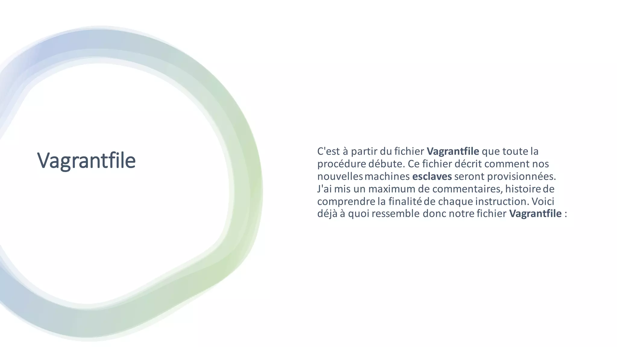 Vagrantfile
C'est à partir du fichier Vagrantfile que toute la
procédure débute. Ce fichier décrit comment nos
nouvellesmachines esclaves seront provisionnées.
J'ai mis un maximum de commentaires, histoirede
comprendre la finalitéde chaque instruction. Voici
déjà à quoi ressemble donc notre fichier Vagrantfile :
 