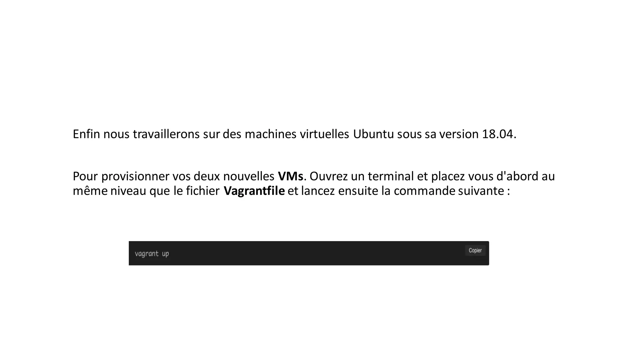 Enfin nous travaillerons sur des machines virtuelles Ubuntu sous sa version 18.04.
Pour provisionner vos deux nouvelles VMs. Ouvrez un terminal et placez vous d'abord au
même niveau que le fichier Vagrantfile et lancez ensuite la commande suivante :
 