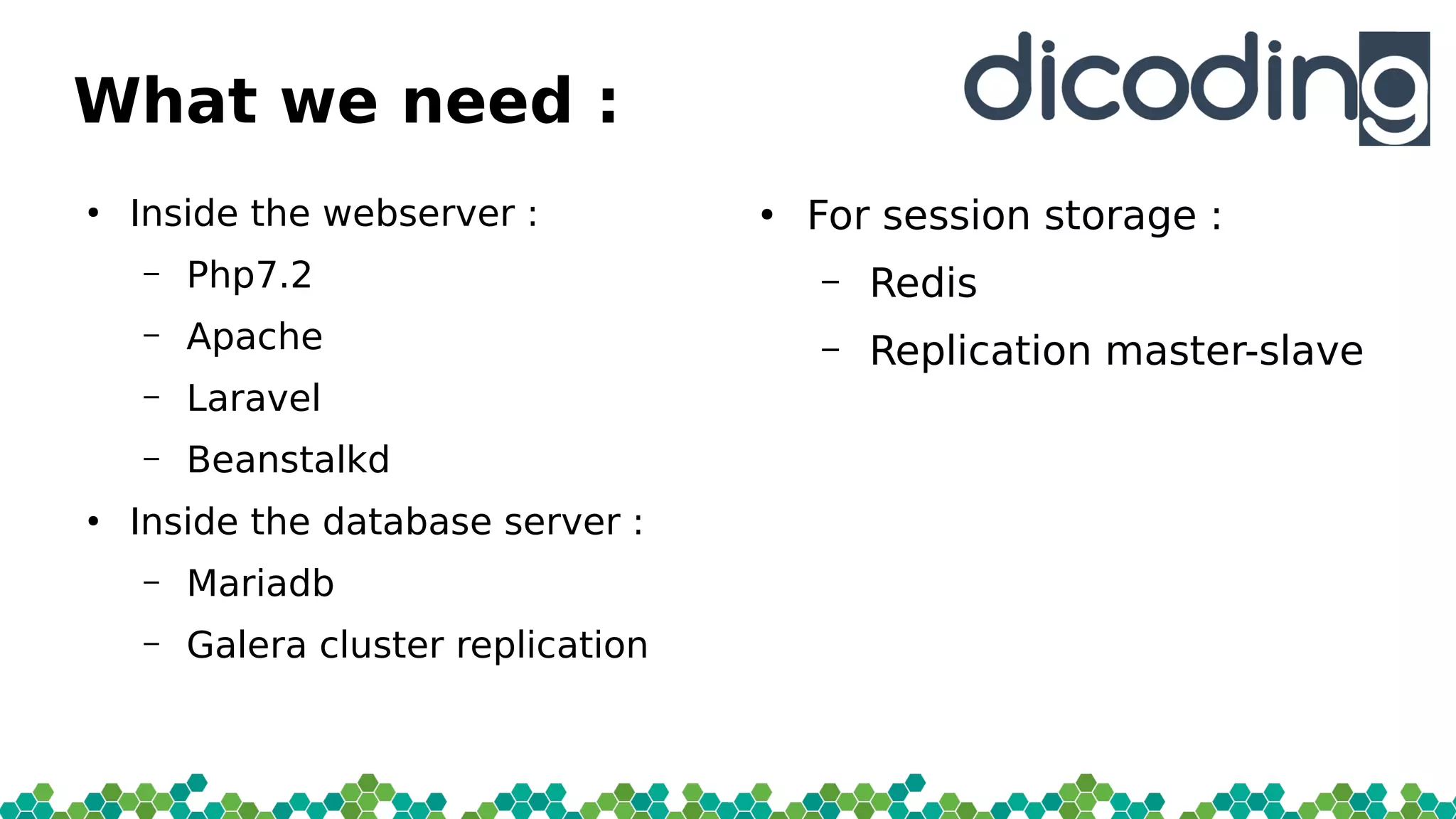 What we need :
●
Inside the webserver :
– Php7.2
– Apache
– Laravel
– Beanstalkd
●
Inside the database server :
– Mariadb
– Galera cluster replication
●
For session storage :
– Redis
– Replication master-slave
 