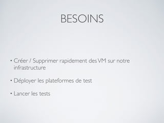 BESOINS
• Créer / Supprimer rapidement desVM sur notre
infrastructure
• Déployer les plateformes de test
• Lancer les tests
 