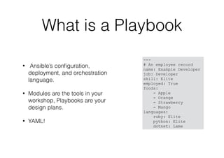 What is a Playbook
• Ansible’s conﬁguration,
deployment, and orchestration
language.
• Modules are the tools in your
workshop, Playbooks are your
design plans.
• YAML!
---
# An employee record
name: Example Developer
job: Developer
skill: Elite
employed: True
foods:
- Apple
- Orange
- Strawberry
- Mango
languages:
ruby: Elite
python: Elite
dotnet: Lame
 
