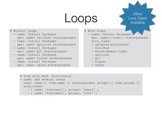 Loops
# With Loops
- name: Install Packages
apt: name={{item}} state=present
with_items:
- iptables-persistent
- fail2ban
- exim4-daemon-light
- apticron
- git
- figlet
- nginx
# Without Loops
- name: Install Packages
apt: name= fail2ban state=present
- name: Install Packages
apt: name= apticron state=present
- name: Install Packages
apt: name= git state=present
- name: Install Packages
apt: name= figlet state=present
- name: Install Packages
apt: name= nginx state=present
# Loop with Hash (Dictionary)
- name: add several users
user: name={{ item.name }} state=present groups={{ item.groups }}
with_items:
- { name: 'testuser1', groups: 'wheel' }
- { name: 'testuser2', groups: 'root' }
Other
Loop Types
Available
 