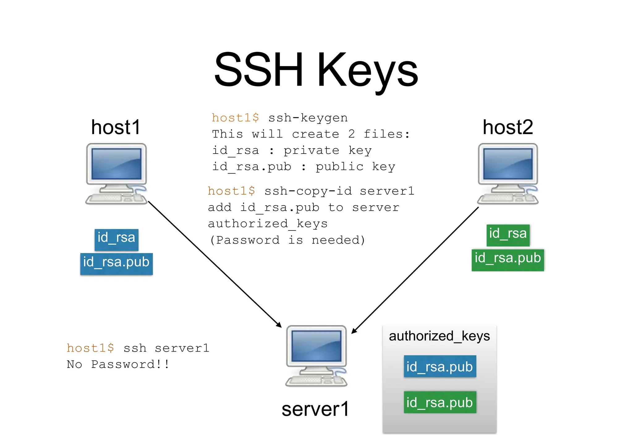 SSH Keys
authorized_keys
server1
host1
id_rsa
id_rsa.pub
id_rsa.pub
host2
id_rsa
id_rsa.pub
id_rsa.pub
host1$ ssh-keygen
This will create 2 files:
id_rsa : private key
id_rsa.pub : public key
host1$ ssh-copy-id server1
add id_rsa.pub to server
authorized_keys
(Password is needed)
host1$ ssh server1
No Password!!
 