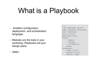 What is a Playbook
• Ansible’s configuration,
deployment, and orchestration
language.
• Modules are the tools in your
workshop, Playbooks are your
design plans.
• Y
AML!
---
# An employee record
name: Example Developer
job: Developer
skill: Elite
employed: True
foods:
- Apple
- Orange
- Strawberry
- Mango
languages:
ruby: Elite
python: Elite
dotnet: Lame
 