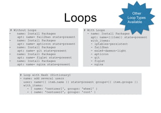 Loops
# With Loops
- name: Install Packages
apt: name={{item}} state=present
with_items:
- iptables-persistent
- fail2ban
- exim4-daemon-light
- apticron
- git
- figlet
- nginx
# Without Loops
- name: Install Packages
apt: name= fail2ban state=present
- name: Install Packages
apt: name= apticron state=present
- name: Install Packages
apt: name= git state=present
- name: Install Packages
apt: name= figlet state=present
- name: Install Packages
apt: name= nginx state=present
# Loop with Hash (Dictionary)
- name: add several users
user: name={{ item.name }} state=present groups={{ item.groups }}
with_items:
- { name: 'testuser1', groups: 'wheel' }
- { name: 'testuser2', groups: 'root' }
Other
Loop Types
Available
 