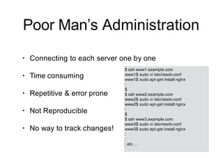 Poor Man’s Administration
$ ssh www1.example.com
www1$ sudo vi /etc/resolv.conf
www1$ sudo apt-get install nginx
:
$
$ ssh www2.example.com
www2$ sudo vi /etc/resolv.conf
www2$ sudo apt-get install nginx
:
$
$ ssh www3.example.com
www3$ sudo vi /etc/resolv.conf
www3$ sudo apt-get install nginx
:
:
: etc …
• Connecting to each server one by one
• Time consuming
• Repetitive & error prone
• Not Reproducible
• No way to track changes!
 