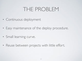 THE PROBLEM
• Continuous deployment	

• Easy maintenance of the deploy procedure.	

• Small learning curve.	

• Reuse between projects with little effort.
11
 