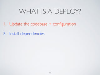 WHAT IS A DEPLOY?
1. Update the codebase + conﬁguration	

2. Install dependencies
15
 