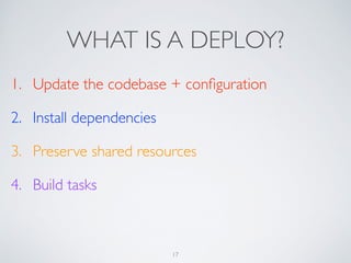 WHAT IS A DEPLOY?
1. Update the codebase + conﬁguration	

2. Install dependencies	

3. Preserve shared resources	

4. Build tasks
17
 