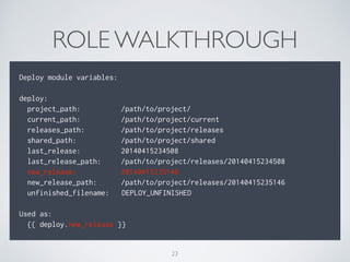 ROLE WALKTHROUGH
!
Deploy module variables:
!
deploy:
project_path: /path/to/project/
current_path: /path/to/project/current
releases_path: /path/to/project/releases
shared_path: /path/to/project/shared
last_release: 20140415234508
last_release_path: /path/to/project/releases/20140415234508
new_release: 20140415235146
new_release_path: /path/to/project/releases/20140415235146
unfinished_filename: DEPLOY_UNFINISHED
Used as:
{{ deploy.new_release }}
23
 