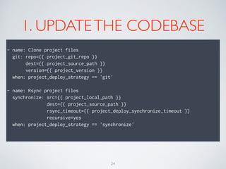 1. UPDATETHE CODEBASE
!
- name: Clone project files
git: repo={{ project_git_repo }}
dest={{ project_source_path }}
version={{ project_version }}
when: project_deploy_strategy == 'git'
!
- name: Rsync project files
synchronize: src={{ project_local_path }}
dest={{ project_source_path }}
rsync_timeout={{ project_deploy_synchronize_timeout }}
recursive=yes
when: project_deploy_strategy == 'synchronize'
!
24
 
