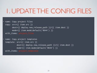 1. UPDATETHE CONFIG FILES
!
- name: Copy project files
copy: src={{ item.src }}
dest={{ deploy.new_release_path }}/{{ item.dest }}
mode={{ item.mode|default('0644') }}
with_items: project_files
!
- name: Copy project templates
template: src={{ item.src }}
dest={{ deploy.new_release_path }}/{{ item.dest }}
mode={{ item.mode|default('0644') }}
with_items: project_templates
28
 