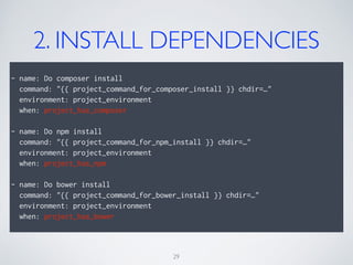 2. INSTALL DEPENDENCIES
!
- name: Do composer install
command: "{{ project_command_for_composer_install }} chdir=…"
environment: project_environment
when: project_has_composer
!
- name: Do npm install
command: "{{ project_command_for_npm_install }} chdir=…"
environment: project_environment
when: project_has_npm
!
- name: Do bower install
command: "{{ project_command_for_bower_install }} chdir=…"
environment: project_environment
when: project_has_bower
29
 