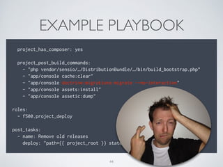 EXAMPLE PLAYBOOK
44
!
project_has_composer: yes
!
project_post_build_commands:
- "php vendor/sensio/…/DistributionBundle/…/bin/build_bootstrap.php”
- "app/console cache:clear"
- "app/console doctrine:migrations:migrate --no-interaction"
- "app/console assets:install"
- "app/console assetic:dump"
!
roles:
- f500.project_deploy
!
post_tasks:
- name: Remove old releases
deploy: "path={{ project_root }} state=clean"
 