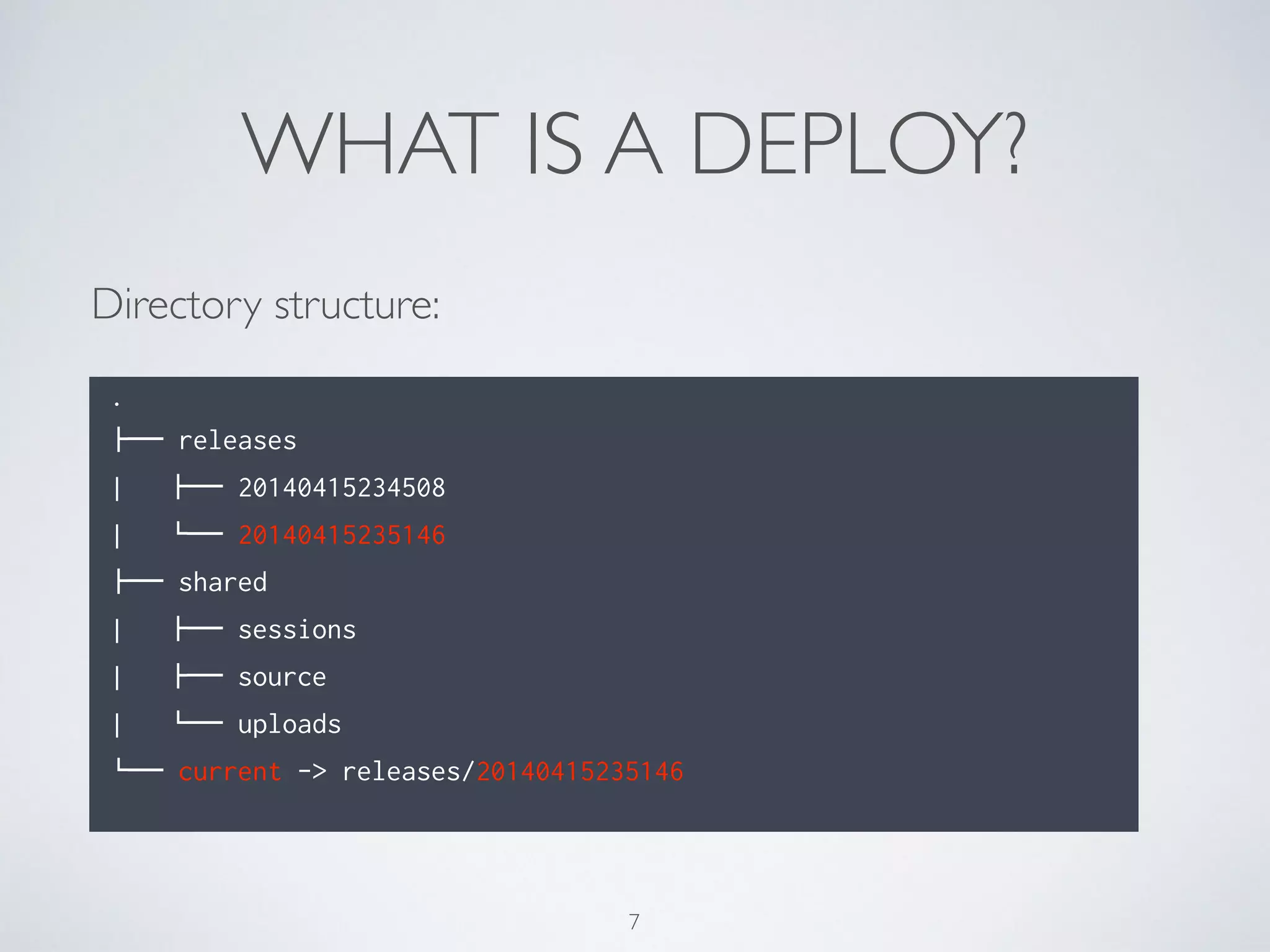 WHAT IS A DEPLOY?
Directory structure:
.
!"" releases
| !"" 20140415234508
| #"" 20140415235146
!"" shared
| !"" sessions
| !"" source
| #"" uploads
#"" current -> releases/20140415235146
7
 