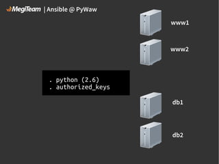 | Ansible @ PyWaw
www1

www2

. python (2.6)
. authorized_keys
db1

db2

 