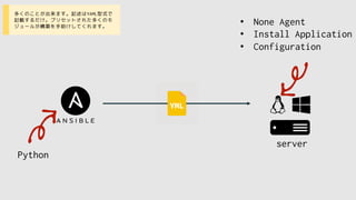 Python
• None Agent
• Install Application
• Configuration
server
• 多くのことが出来ます。記述はYAML型式で
記載するだけ。プリセットされた多くのモ
ジュールが構築を手助けしてくれます。
 