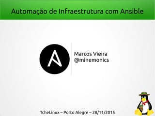 Automação de Infraestrutura com Ansible
Marcos Vieira
@minemonics
TcheLinux – Porto Alegre – 28/11/2015
 