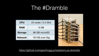 • 6-node Raspberry Pi cluster
CPU 24 cores / 5.4 GHz
RAM 6 GB
Storage 96 GB microSD
Network 10/100 over Gig
https://github.com/geerlingguy/raspberry-pi-dramble
The #Dramble
 