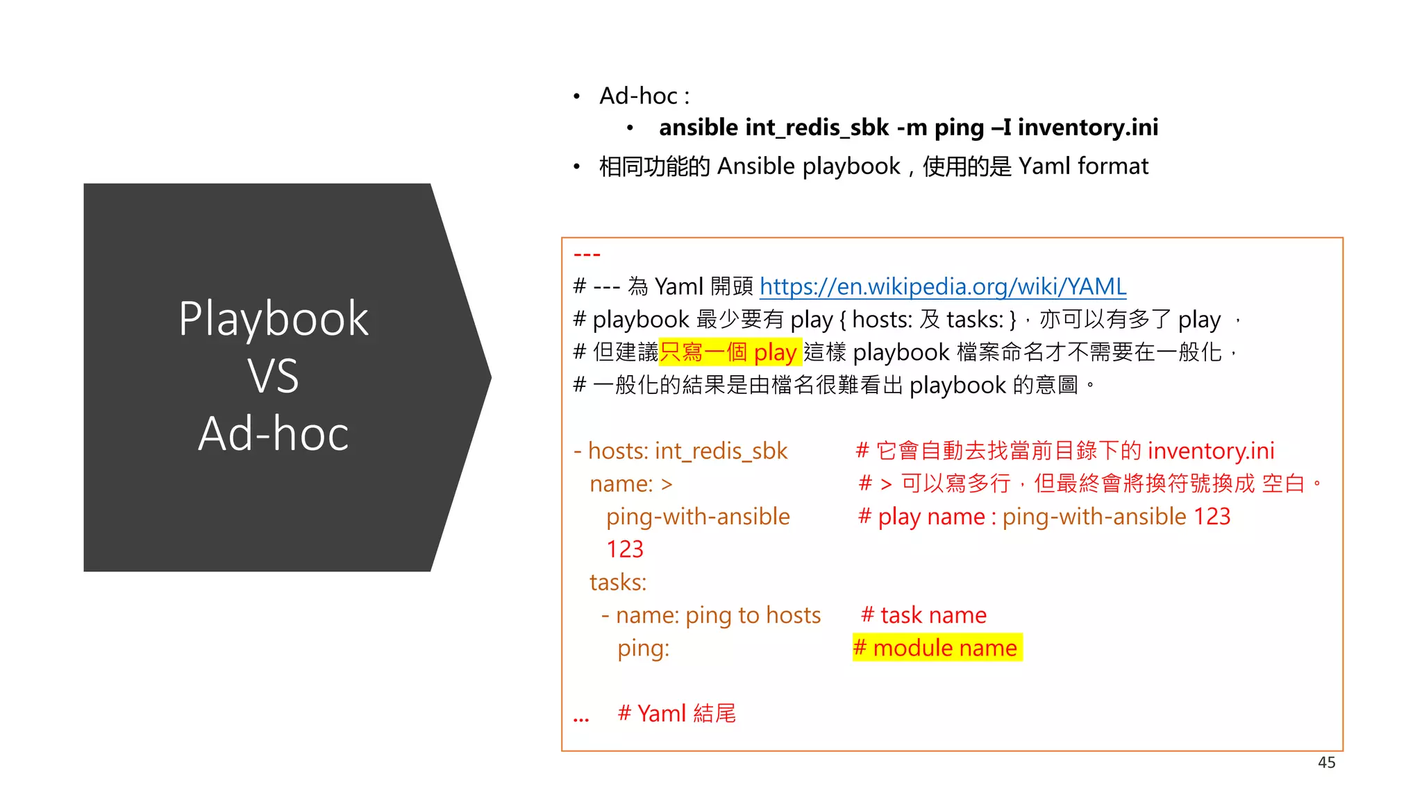 Playbook
VS
Ad-hoc
• Ad-hoc :
• ansible int_redis_sbk -m ping –I inventory.ini
• 相同功能的 Ansible playbook，使用的是 Yaml format
---
# --- 為 Yaml 開頭 https://en.wikipedia.org/wiki/YAML
# playbook 最少要有 play { hosts: 及 tasks: }，亦可以有多了 play ，
# 但建議只寫一個 play 這樣 playbook 檔案命名才不需要在一般化，
# 一般化的結果是由檔名很難看出 playbook 的意圖。
- hosts: int_redis_sbk # 它會自動去找當前目錄下的 inventory.ini
name: > # > 可以寫多行，但最終會將換符號換成 空白。
ping-with-ansible # play name : ping-with-ansible 123
123
tasks:
- name: ping to hosts # task name
ping: # module name
... # Yaml 結尾
 