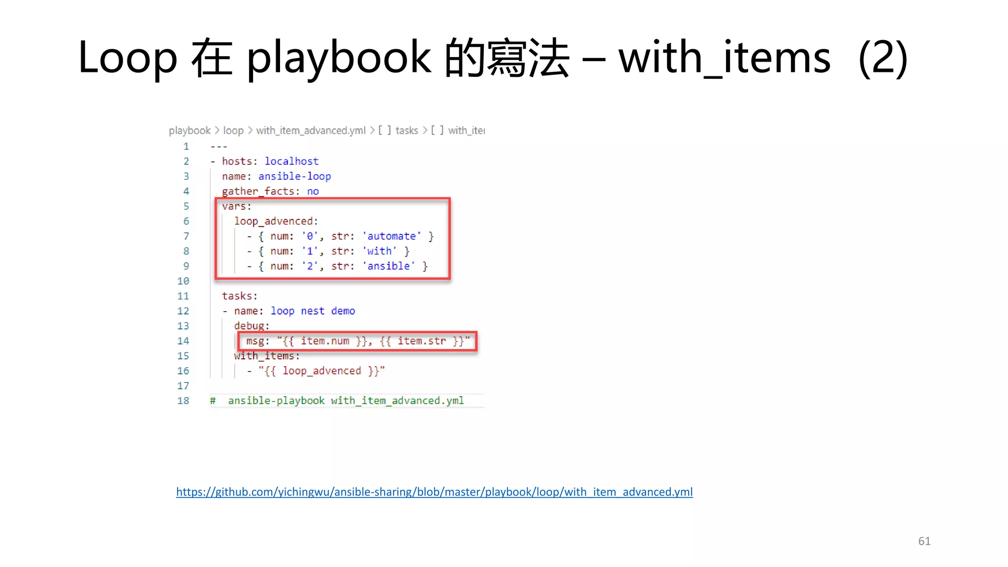 Loop 在 playbook 的寫法 – with_items (2)
61
https://github.com/yichingwu/ansible-sharing/blob/master/playbook/loop/with_item_advanced.yml
 