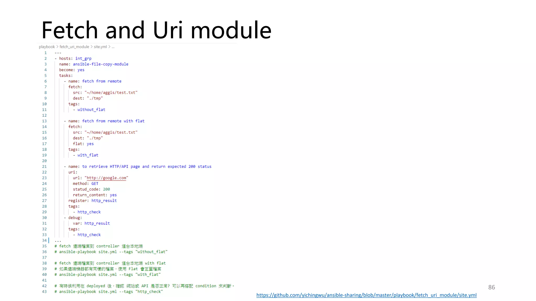 Fetch and Uri module
86
https://github.com/yichingwu/ansible-sharing/blob/master/playbook/fetch_uri_module/site.yml
 