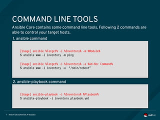 INSERT DESIGNATOR, IF NEEDED7
COMMAND LINE TOOLS
Ansible Core contains some command line tools. Following 2 commands are
able to control your target hosts.
[Usage] ansible %Target% -i %Inventory% -m %Module%
$ ansible www -i inventory -m ping
[Usage] ansible %Target% -i %Inventory% -a %Ad-Hoc Command%
$ ansible www -i inventory -a “/sbin/reboot”
[Usage] ansible %Target% -i %Inventory% -m %Module%
$ ansible www -i inventory -m ping
[Usage] ansible %Target% -i %Inventory% -a %Ad-Hoc Command%
$ ansible www -i inventory -a “/sbin/reboot”
[Usage] ansible-playbook -i %Inventory% %Playbook%
$ ansible-playbook -i inventory playbook.yml
[Usage] ansible-playbook -i %Inventory% %Playbook%
$ ansible-playbook -i inventory playbook.yml
1. ansible command
2. ansible-playbook command
 