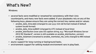 6
What's New?
Windows:
● several facts were modified or renamed for consistency with their Unix
counterparts, and many new facts were added. If your playbooks rely on any of the
following keys, please ensure they are using the correct key names and/or values:
● ansible_date_time.date (changed to use yyyy-mm-dd format instead of default
system-locale format)
● ansible_date_time.iso8601 (changed to UTC instead of local time)
● ansible_distribution (now uses OS caption string, e.g.: "Microsoft Windows Server
2012 R2 Standard", version is still available on ansible_distribution_version)
● ansible_totalmem (renamed to ansible_memtotal_mb, units changed to MB instead
of bytes)
● async: support for long-running or background tasks.
● environment: support for setting module environment vars in play/task.
 