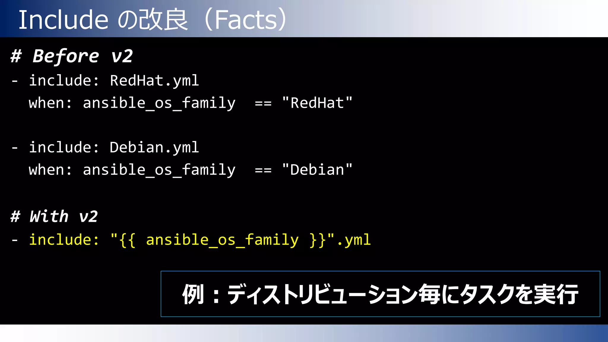 Include の改良（Facts）
# Before v2
- include: RedHat.yml
when: ansible_os_family == "RedHat"
- include: Debian.yml
when: ansible_os_family == "Debian"
# With v2
- include: "{{ ansible_os_family }}".yml
例：ディストリビューション毎にタスクを実行
 