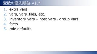 変数の優先順位 v1.*
1. extra vars
2. vars, vars_files, etc.
3. inventory vars – host vars 、group vars
4. facts
5. role defaults
 