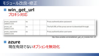 モジュール改良・修正
 win_get_url
プロキシ対応
 azure
現在有効でないオプションを無効化
http://docs.ansible.com/ansible/win_get_url_module.html より
 