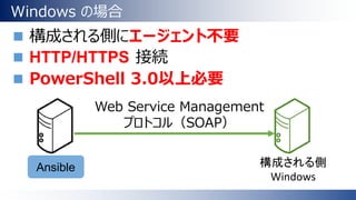 Windows の場合
 構成される側にエージェント不要
 HTTP/HTTPS 接続
 PowerShell 3.0以上必要
Ansible
Web Service Management
プロトコル（SOAP）
構成される側
Windows
 
