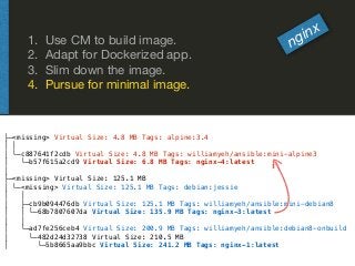 1. Use CM to build image.

2. Adapt for Dockerized app.

3. Slim down the image.

4. Pursue for minimal image.
nginx
├─<mi...