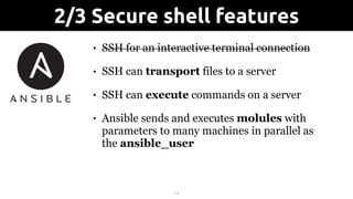 • SSH for an interactive terminal connection
• SSH can transport files to a server
• SSH can execute commands on a server
• Ansible sends and executes molules with
parameters to many machines in parallel as
the ansible_user
!14
2/3 Secure shell features
 