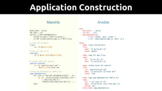 BUILD_DIR=../build
SRC_DIR=../src
declare -A APP_DEPENDENCIES=
([“SRC"]=vendor ["DEST"]=vendor) 
(["SRC"]=node_modules/app.js ["DEST"]=js)
# Clean old build(s)
clean:
rm -rf $(BUILD_DIR)
# Copy all app files
copy-app:
cp -R $(SRC_DIR) $(BUILD_DIR)
# Create local.xml symlink
symlink-localxml:
ln -fs /path/to/local.xml 
$(BUILD_DIR)/local.xml
# Copy app dependencies (PHP & JS)
copy-dependencies:
for item in "$${!APP_DEPENDENCIES[@]}" ; do 
cp -rT --preserve=mode,timestamp,links 
”./$${item['SRC']}" 
“${BUILD_DIR}/$${item['DEST']}" ; 
done
vars:
- build_dir: ../build
- src_dir: ../src
- app_dependencies:
- { src: vendor, dest: vendor }
- { src: node_modules/app.js, dest: js }
tasks:
- name: Clean old build(s)
file:
path: "{{ build_dir }}"
state: absent
- name: Copy all app files
copy:
src: "{{ src_dir }}"
dest: "{{ build_dir }}"
- name: Create local.xml symlink
file:
src: /path/to/local.xml
dest: "{{ build_dir }}/local.xml”
state: link
- name: Copy app dependencies (PHP & JS)
copy:
src: "./{{ item.src }}"
dest: "{{ build_dir }}{{ item.dest }}"
follow: yes
with_items: app_dependencies
Makeﬁle Ansible
Application Construction
 