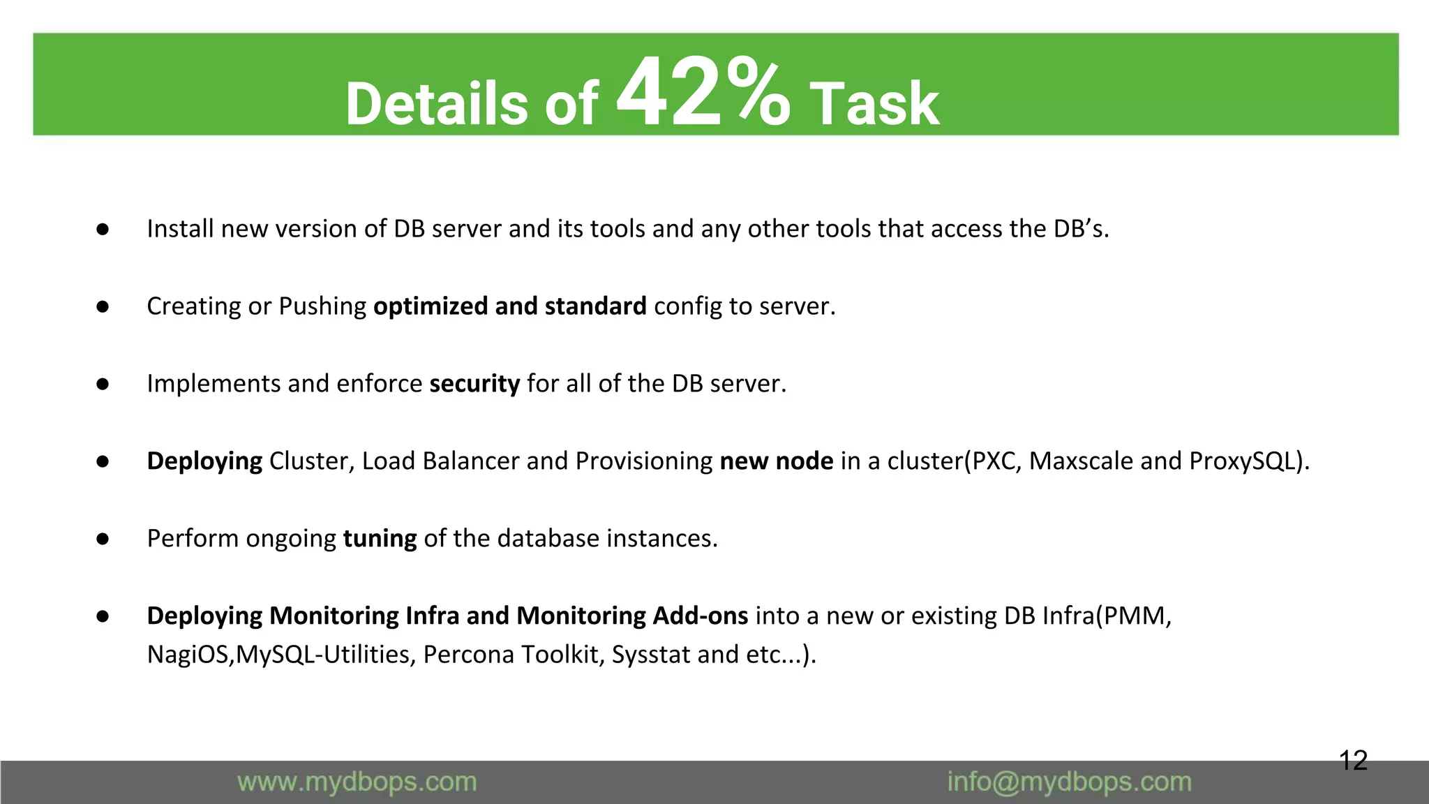 Details of 42% Task
● Install new version of DB server and its tools and any other tools that access the DB’s.
● Creating or Pushing optimized and standard config to server.
● Implements and enforce security for all of the DB server.
● Deploying Cluster, Load Balancer and Provisioning new node in a cluster(PXC, Maxscale and ProxySQL).
● Perform ongoing tuning of the database instances.
● Deploying Monitoring Infra and Monitoring Add-ons into a new or existing DB Infra(PMM,
NagiOS,MySQL-Utilities, Percona Toolkit, Sysstat and etc...).
12
 