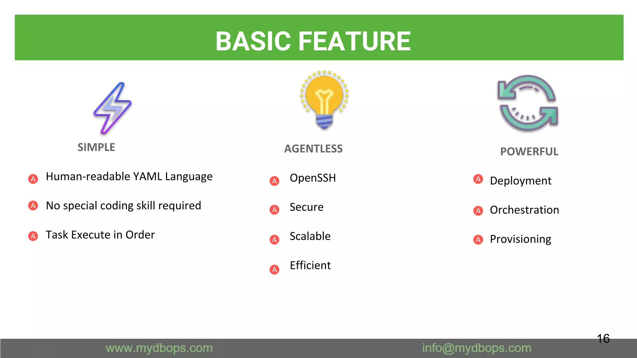 BASIC FEATURE
SIMPLE
Human-readable YAML Language
No special coding skill required
Task Execute in Order
AGENTLESS
OpenSSH
Secure
Scalable
Efficient
POWERFUL
Deployment
Orchestration
Provisioning
16
 