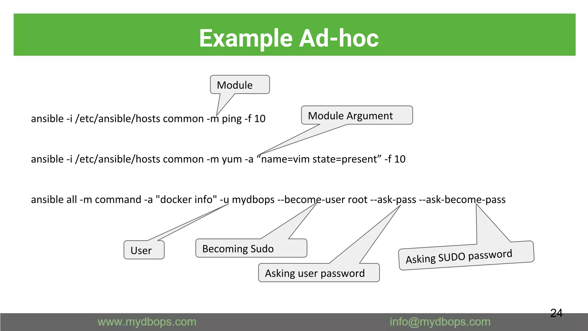 Example Ad-hoc
ansible -i /etc/ansible/hosts common -m ping -f 10
ansible -i /etc/ansible/hosts common -m yum -a “name=vim state=present” -f 10
ansible all -m command -a "docker info" -u mydbops --become-user root --ask-pass --ask-become-pass
Module
Module Argument
User Becoming Sudo
Asking user password
Asking SUDO password
24
 