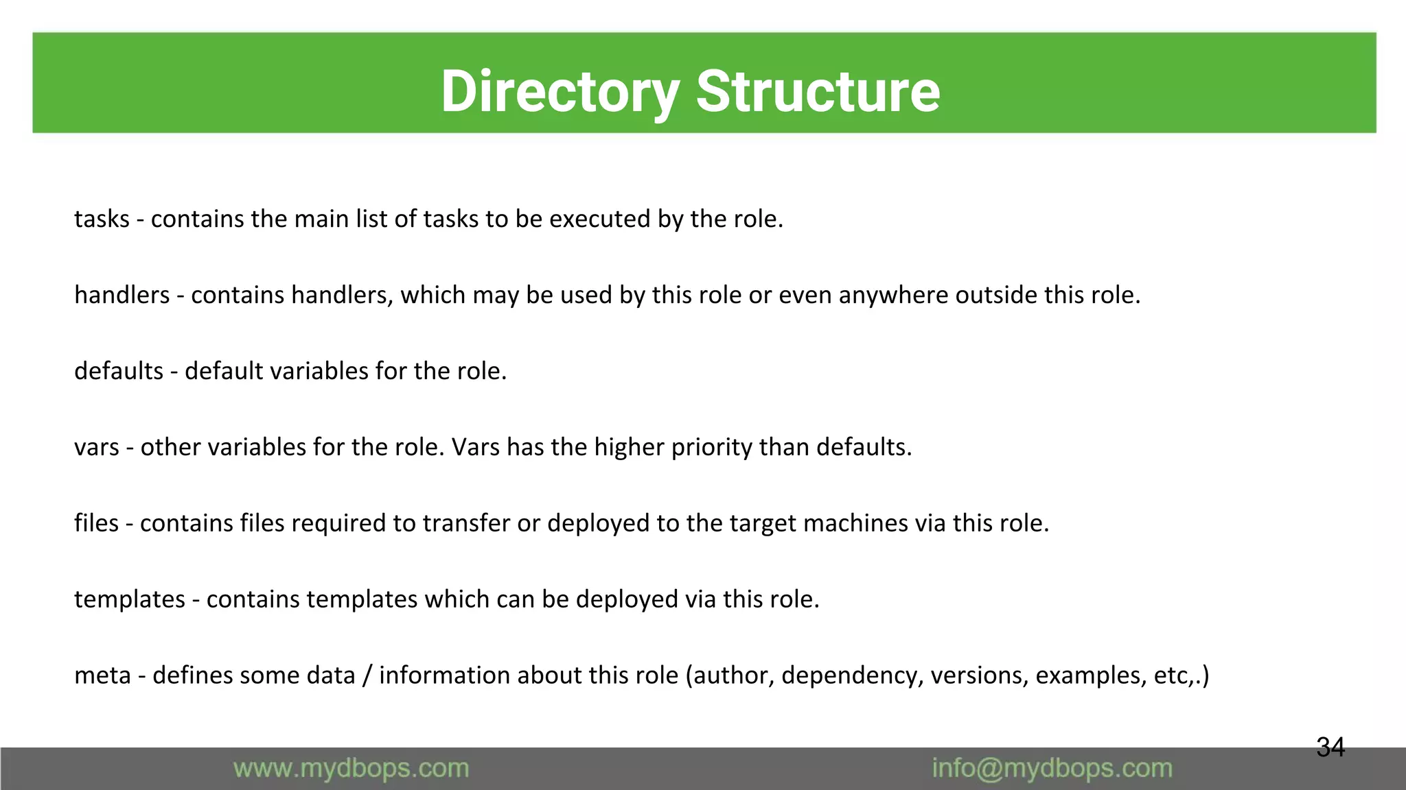 Directory Structure
tasks - contains the main list of tasks to be executed by the role.
handlers - contains handlers, which may be used by this role or even anywhere outside this role.
defaults - default variables for the role.
vars - other variables for the role. Vars has the higher priority than defaults.
files - contains files required to transfer or deployed to the target machines via this role.
templates - contains templates which can be deployed via this role.
meta - defines some data / information about this role (author, dependency, versions, examples, etc,.)
34
 